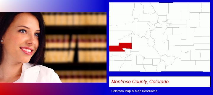 a young, female attorney in a law library; Montrose County, Colorado highlighted in red on a map