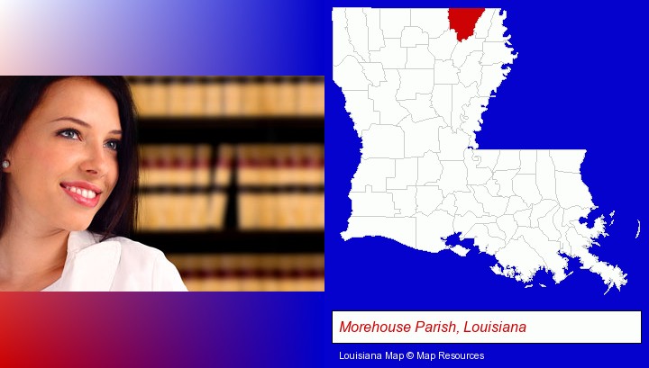 a young, female attorney in a law library; Morehouse Parish, Louisiana highlighted in red on a map