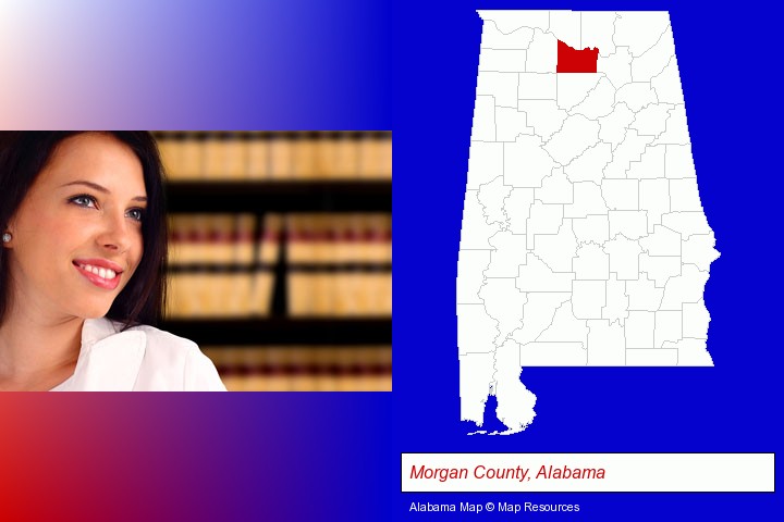 a young, female attorney in a law library; Morgan County, Alabama highlighted in red on a map