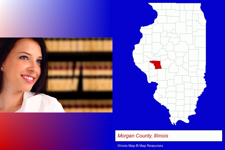 a young, female attorney in a law library; Morgan County, Illinois highlighted in red on a map