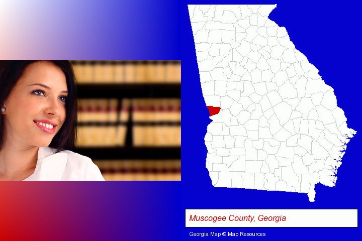 a young, female attorney in a law library; Muscogee County, Georgia highlighted in red on a map