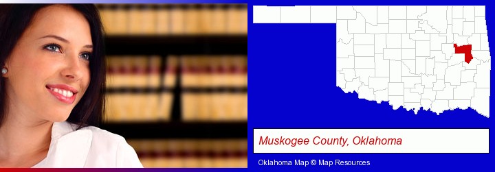 a young, female attorney in a law library; Muskogee County, Oklahoma highlighted in red on a map