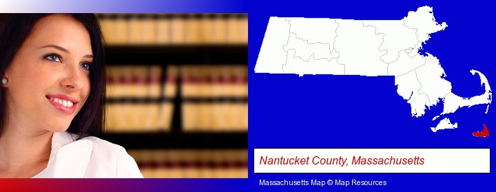 a young, female attorney in a law library; Nantucket County, Massachusetts highlighted in red on a map