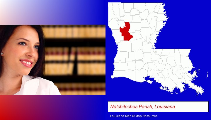 a young, female attorney in a law library; Natchitoches Parish, Louisiana highlighted in red on a map