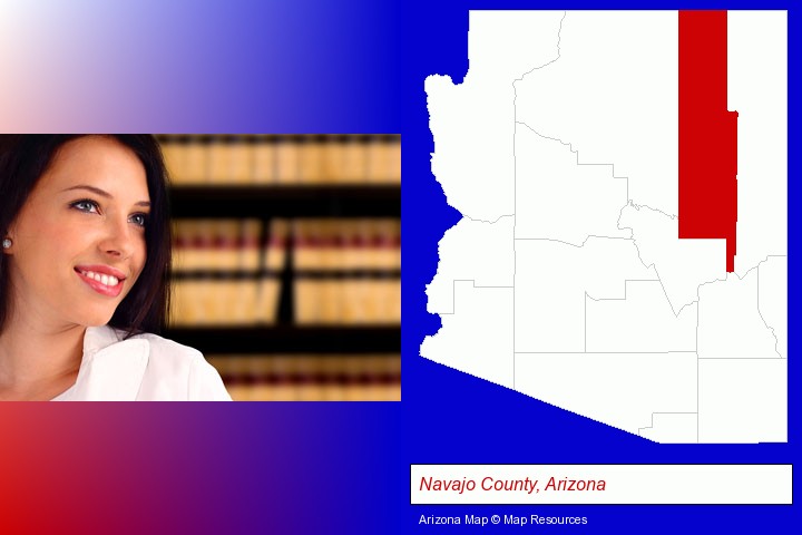 a young, female attorney in a law library; Navajo County, Arizona highlighted in red on a map