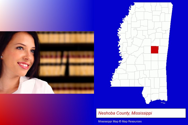 a young, female attorney in a law library; Neshoba County, Mississippi highlighted in red on a map
