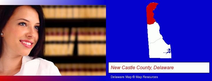 a young, female attorney in a law library; New Castle County, Delaware highlighted in red on a map