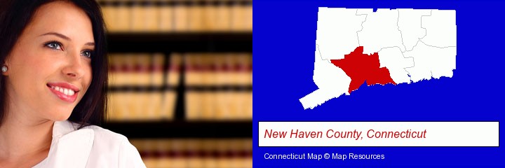 a young, female attorney in a law library; New Haven County, Connecticut highlighted in red on a map