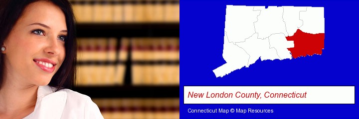 a young, female attorney in a law library; New London County, Connecticut highlighted in red on a map