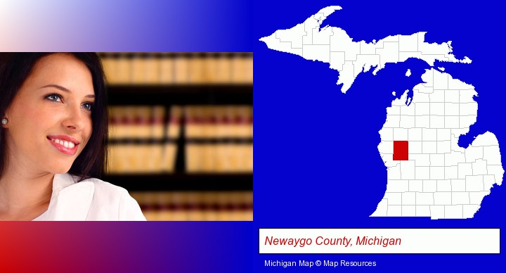 a young, female attorney in a law library; Newaygo County, Michigan highlighted in red on a map