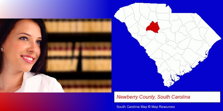 a young, female attorney in a law library; Newberry County, South Carolina highlighted in red on a map