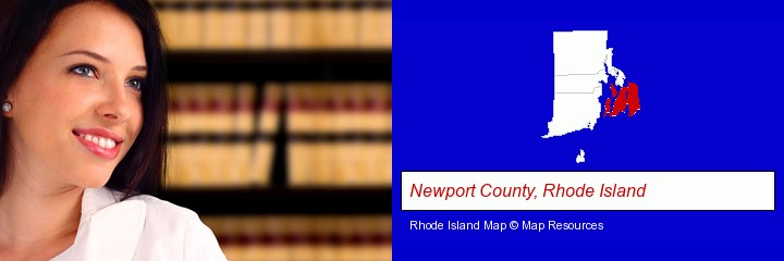 a young, female attorney in a law library; Newport County, Rhode Island highlighted in red on a map