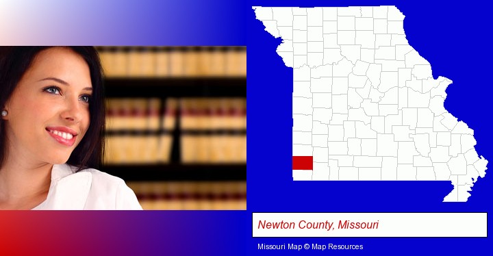a young, female attorney in a law library; Newton County, Missouri highlighted in red on a map