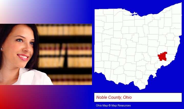 a young, female attorney in a law library; Noble County, Ohio highlighted in red on a map