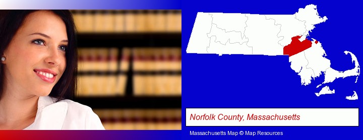 a young, female attorney in a law library; Norfolk County, Massachusetts highlighted in red on a map