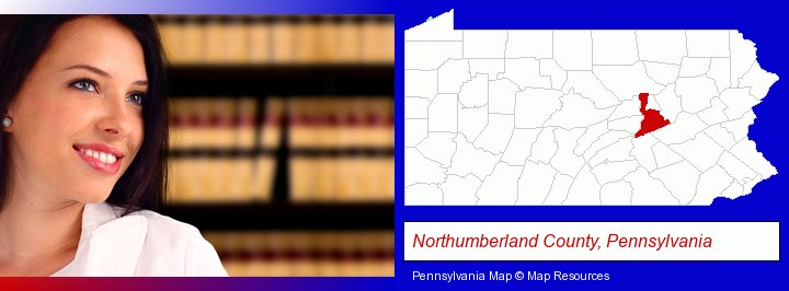 a young, female attorney in a law library; Northumberland County, Pennsylvania highlighted in red on a map