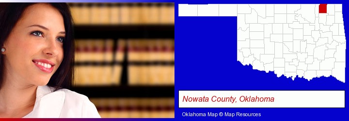 a young, female attorney in a law library; Nowata County, Oklahoma highlighted in red on a map