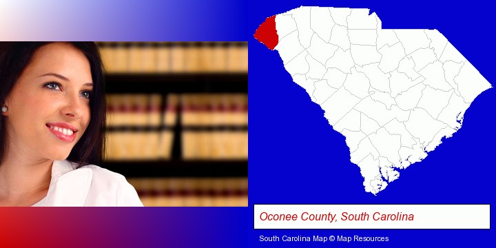 a young, female attorney in a law library; Oconee County, South Carolina highlighted in red on a map