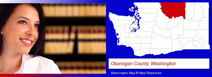 a young, female attorney in a law library; Okanogan County, Washington highlighted in red on a map