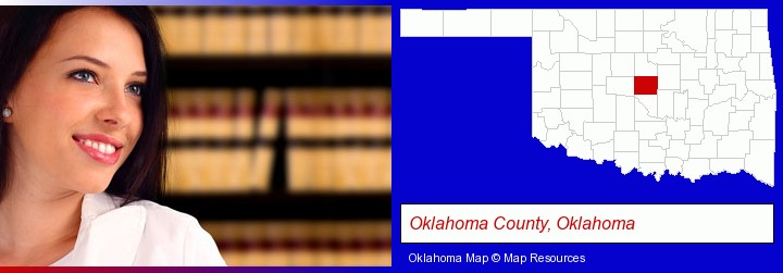 a young, female attorney in a law library; Oklahoma County, Oklahoma highlighted in red on a map