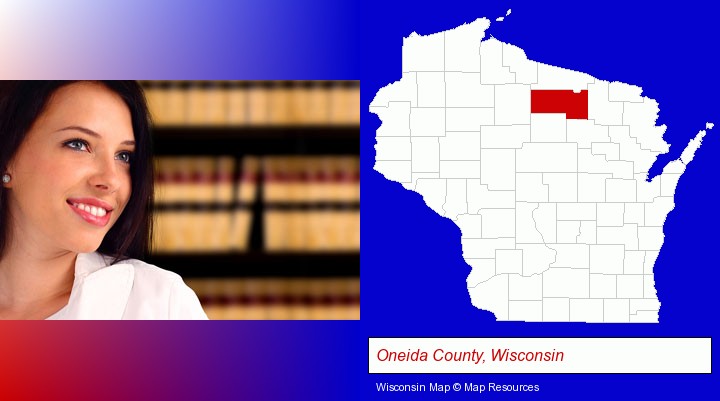 a young, female attorney in a law library; Oneida County, Wisconsin highlighted in red on a map