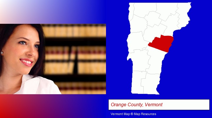 a young, female attorney in a law library; Orange County, Vermont highlighted in red on a map