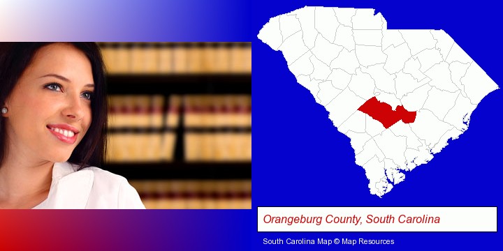a young, female attorney in a law library; Orangeburg County, South Carolina highlighted in red on a map