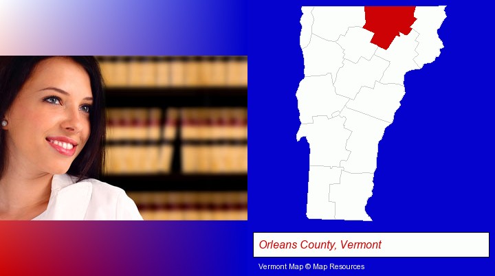 a young, female attorney in a law library; Orleans County, Vermont highlighted in red on a map