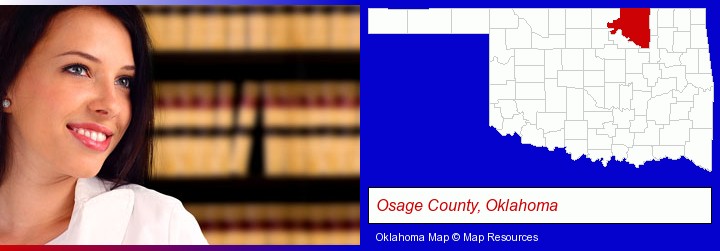a young, female attorney in a law library; Osage County, Oklahoma highlighted in red on a map