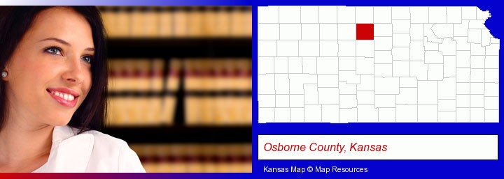 a young, female attorney in a law library; Osborne County, Kansas highlighted in red on a map