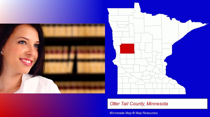 a young, female attorney in a law library; Otter Tail County, Minnesota highlighted in red on a map