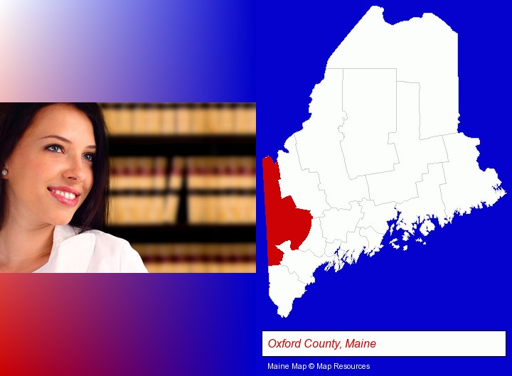 a young, female attorney in a law library; Oxford County, Maine highlighted in red on a map