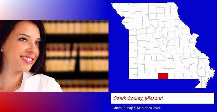 a young, female attorney in a law library; Ozark County, Missouri highlighted in red on a map