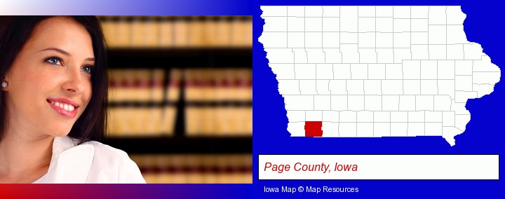 a young, female attorney in a law library; Page County, Iowa highlighted in red on a map