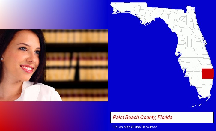 a young, female attorney in a law library; Palm Beach County, Florida highlighted in red on a map