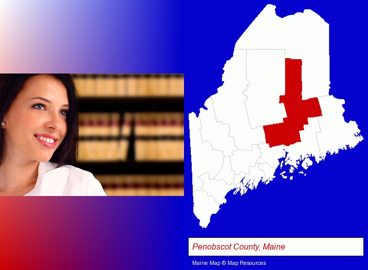 a young, female attorney in a law library; Penobscot County, Maine highlighted in red on a map
