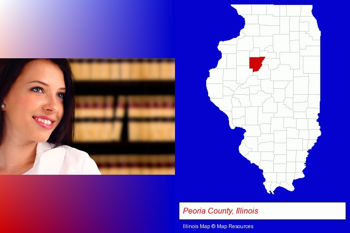 a young, female attorney in a law library; Peoria County, Illinois highlighted in red on a map
