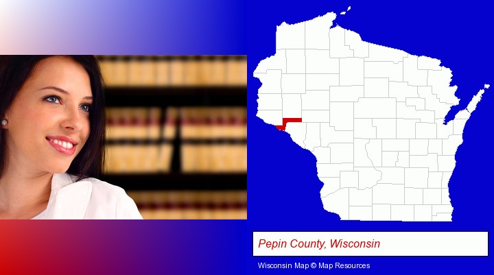 a young, female attorney in a law library; Pepin County, Wisconsin highlighted in red on a map