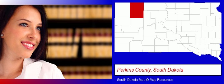 a young, female attorney in a law library; Perkins County, South Dakota highlighted in red on a map