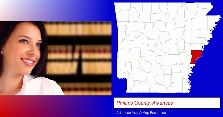 a young, female attorney in a law library; Phillips County, Arkansas highlighted in red on a map