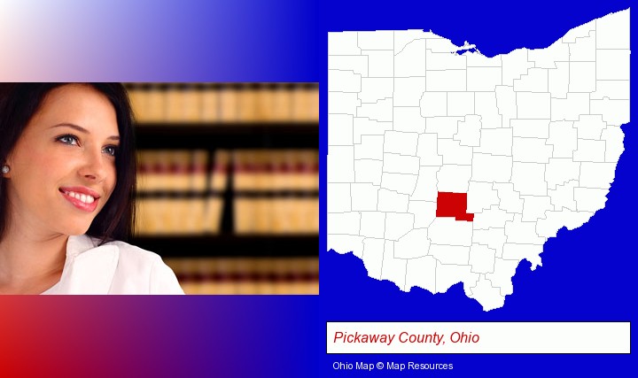 a young, female attorney in a law library; Pickaway County, Ohio highlighted in red on a map