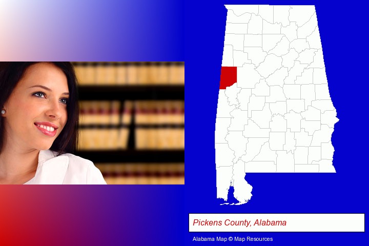 a young, female attorney in a law library; Pickens County, Alabama highlighted in red on a map
