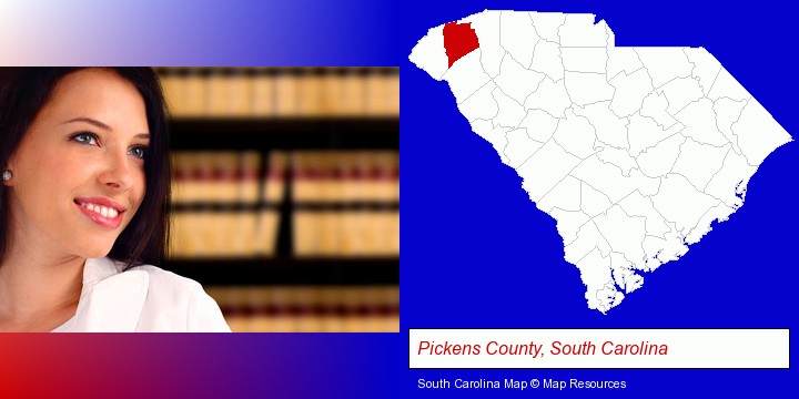 a young, female attorney in a law library; Pickens County, South Carolina highlighted in red on a map