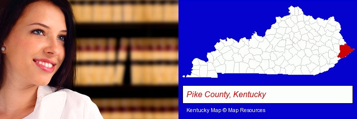 a young, female attorney in a law library; Pike County, Kentucky highlighted in red on a map