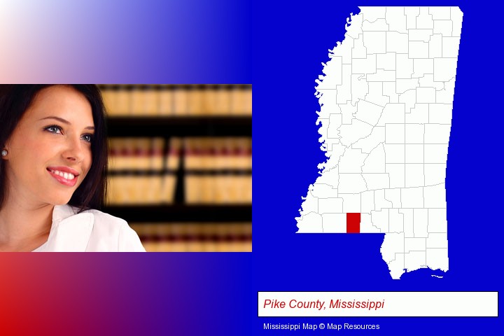 a young, female attorney in a law library; Pike County, Mississippi highlighted in red on a map
