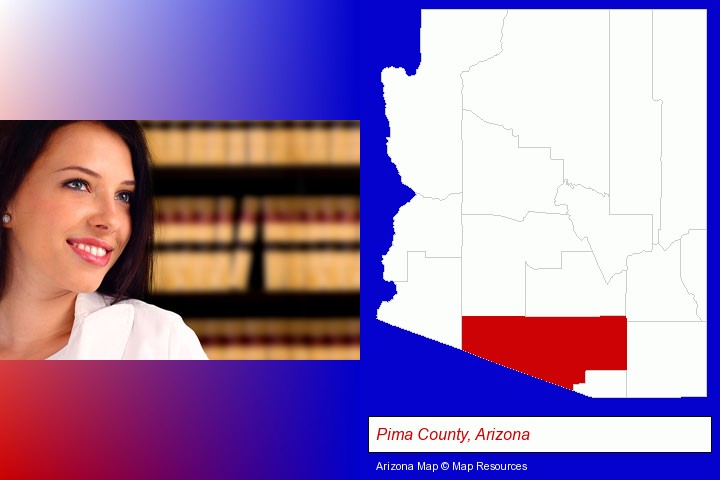 a young, female attorney in a law library; Pima County, Arizona highlighted in red on a map