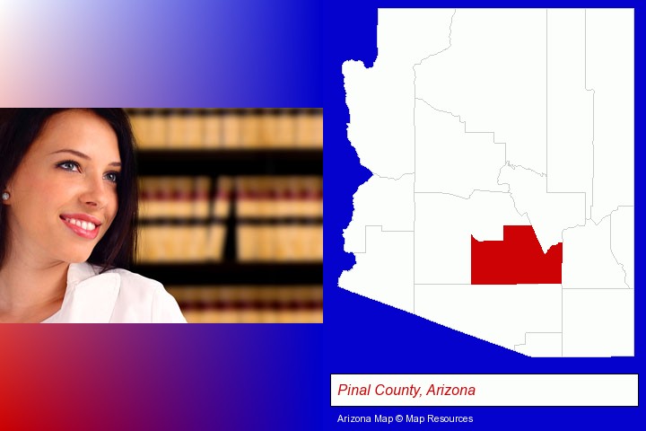 a young, female attorney in a law library; Pinal County, Arizona highlighted in red on a map