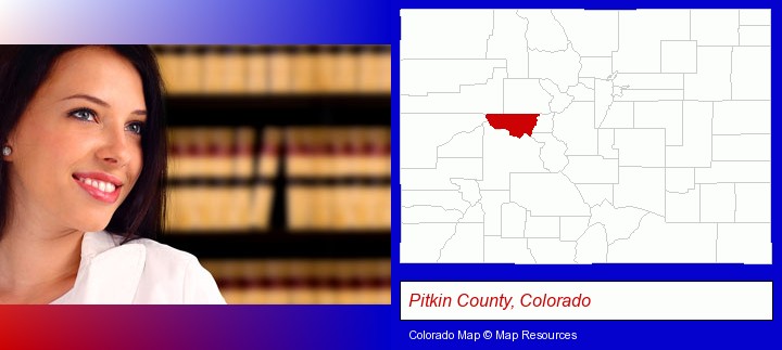 a young, female attorney in a law library; Pitkin County, Colorado highlighted in red on a map