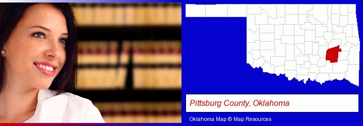 a young, female attorney in a law library; Pittsburg County, Oklahoma highlighted in red on a map