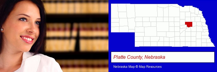 a young, female attorney in a law library; Platte County, Nebraska highlighted in red on a map